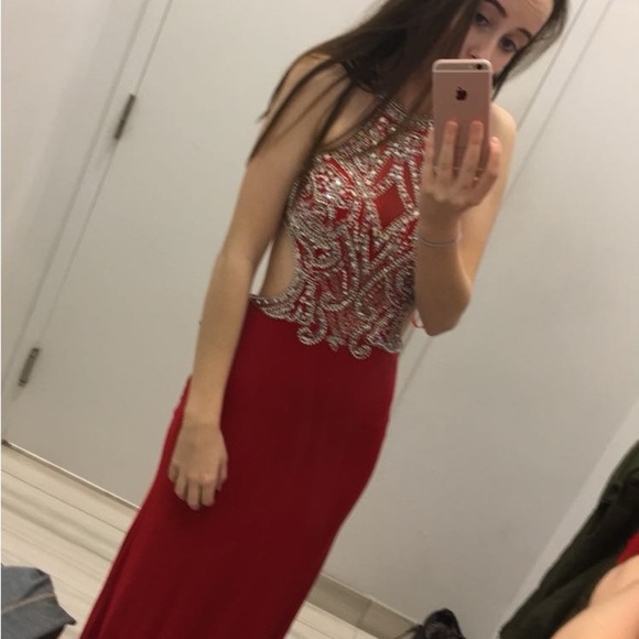 Silver and Red Sleeveless Halter Bodycon Gown for Prom - Picture 3 of 4